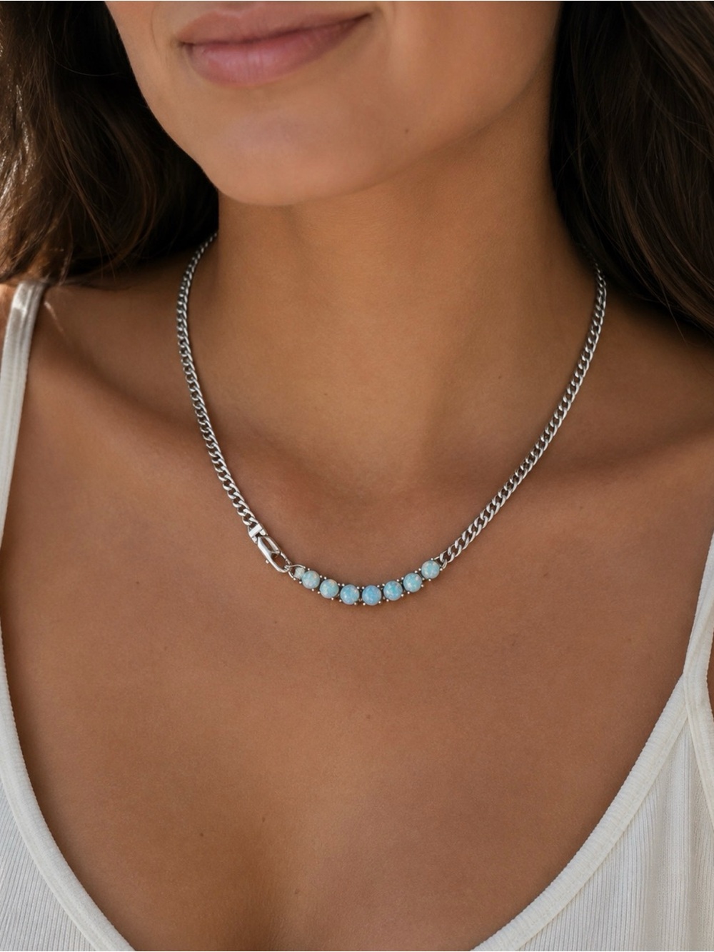 NEW! 14k White Gold Plated with Gradient Blue/White Opals 16” Chain Necklace